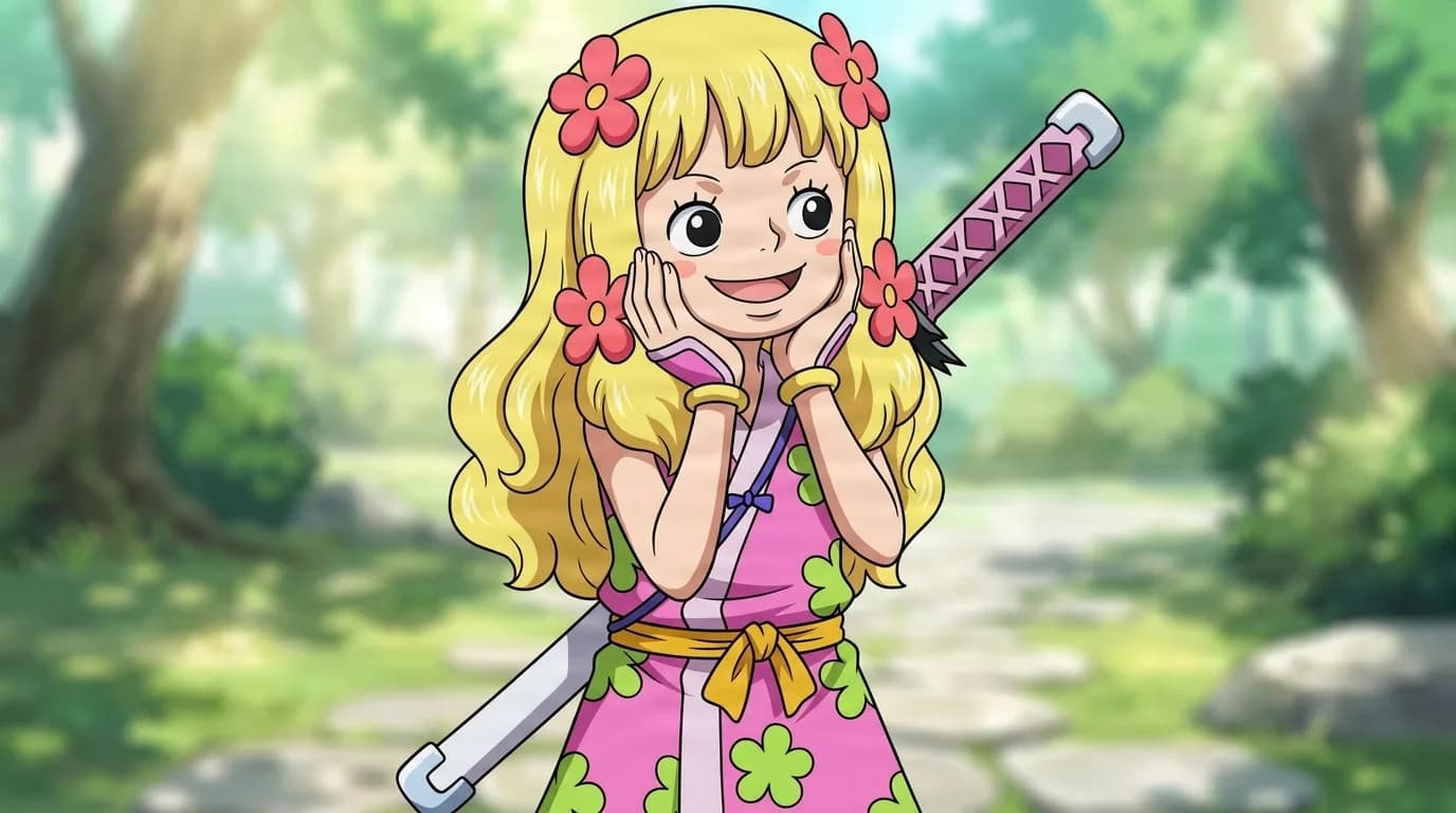 Chome from One Piece in a close-framed cel-shaded anime scene with a detailed environment