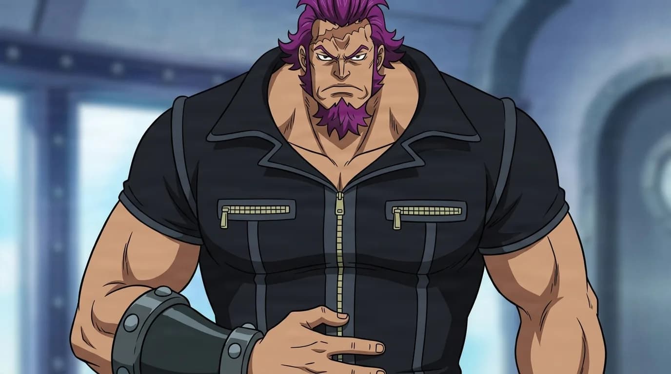 Cidre from One Piece in a close-framed cel-shaded anime scene with a detailed environment