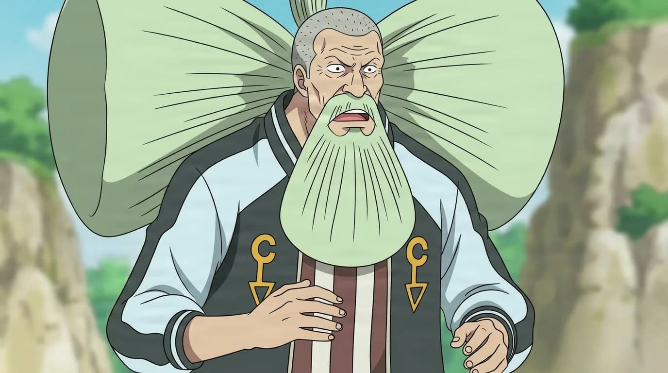 Clou D. Clover from One Piece in a close-framed cel-shaded anime scene with a detailed environment