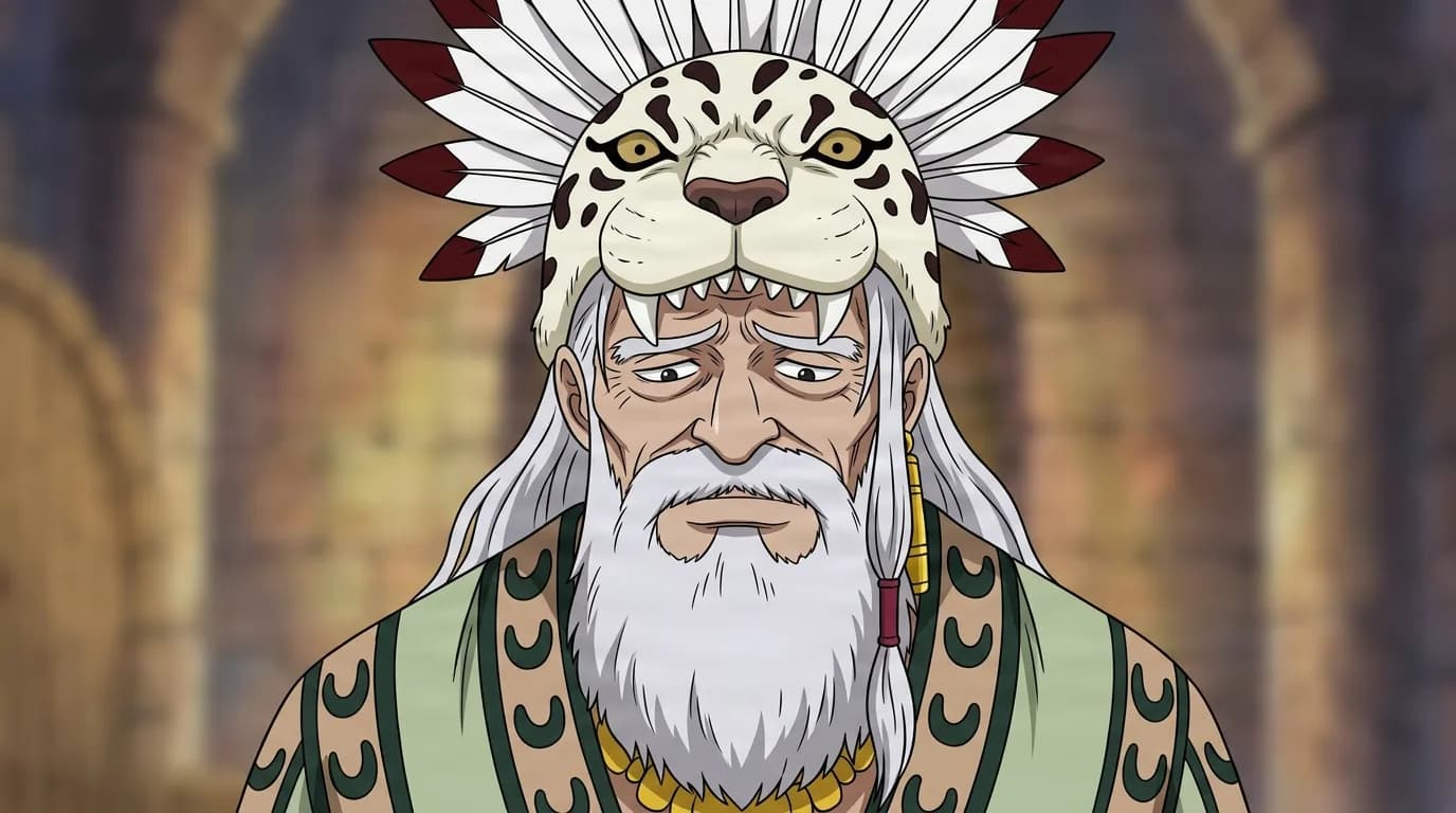Coburn from One Piece in a close-framed cel-shaded anime scene with a detailed environment