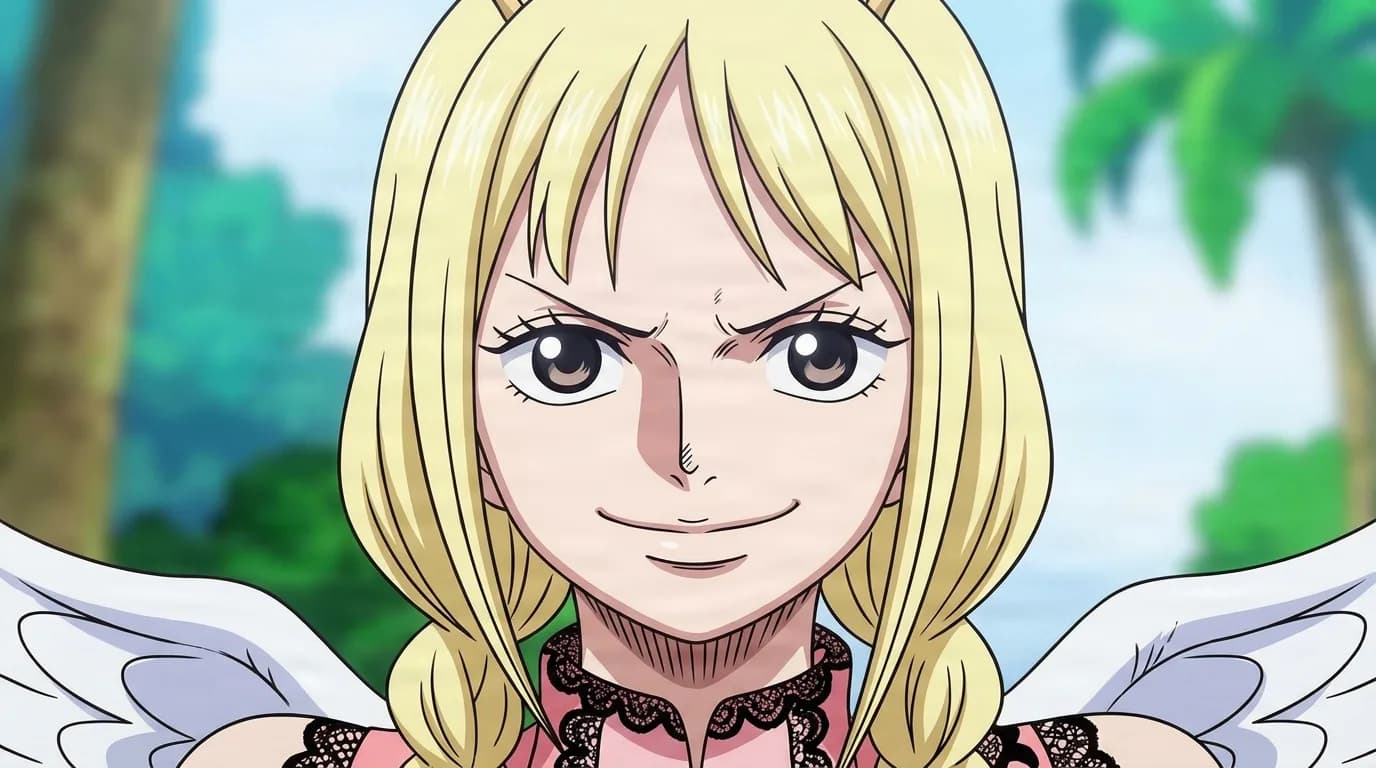 Conis from One Piece in a close-framed cel-shaded anime scene with a detailed environment