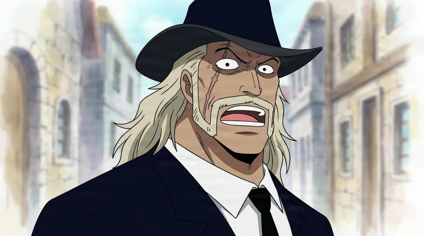 Corgi from One Piece in a close-framed cel-shaded anime scene with a detailed environment
