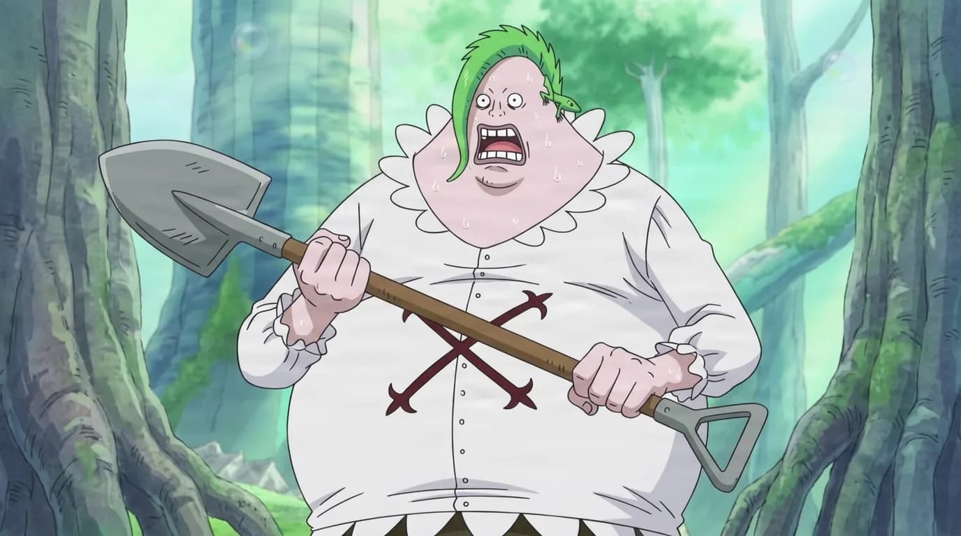 Coribou from One Piece in a close-framed cel-shaded anime scene with a detailed environment