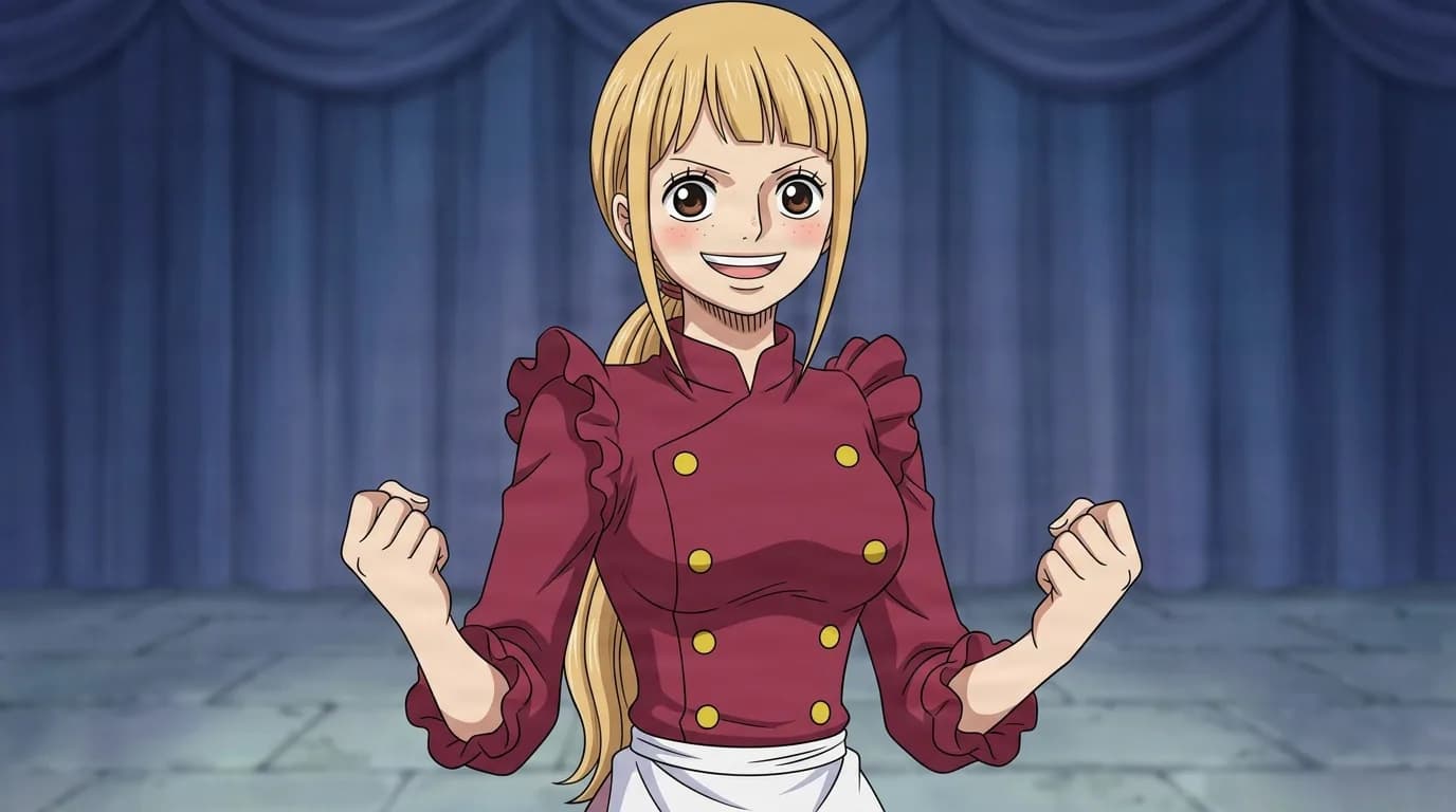 Cosette from One Piece in a close-framed cel-shaded anime scene with a detailed environment