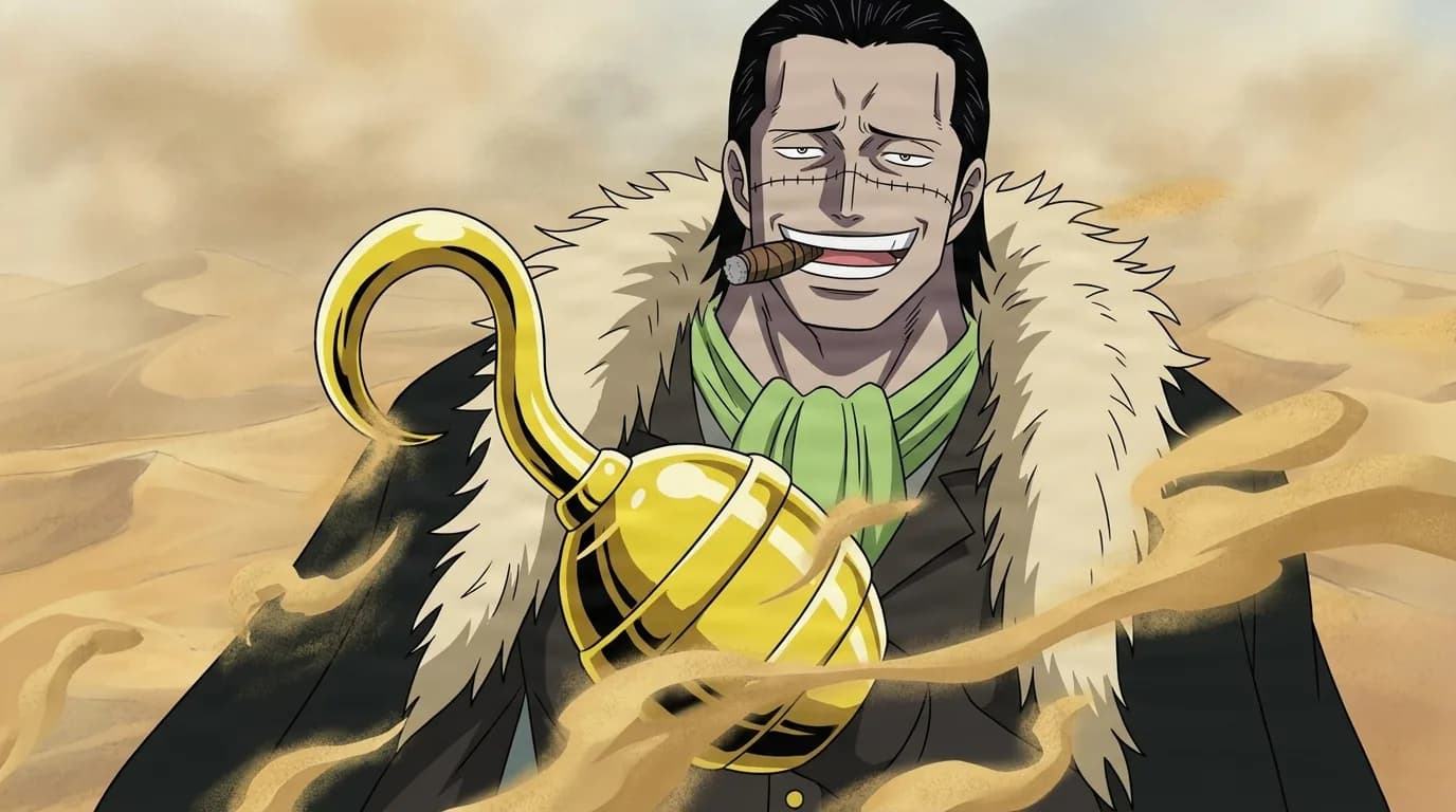 Grinning man with slicked dark hair, a scar across his nose and a cigar in his teeth raises a golden hook hand as desert sand swirls, wearing a fur-collared coat over a green ascot amid sand dunes.
