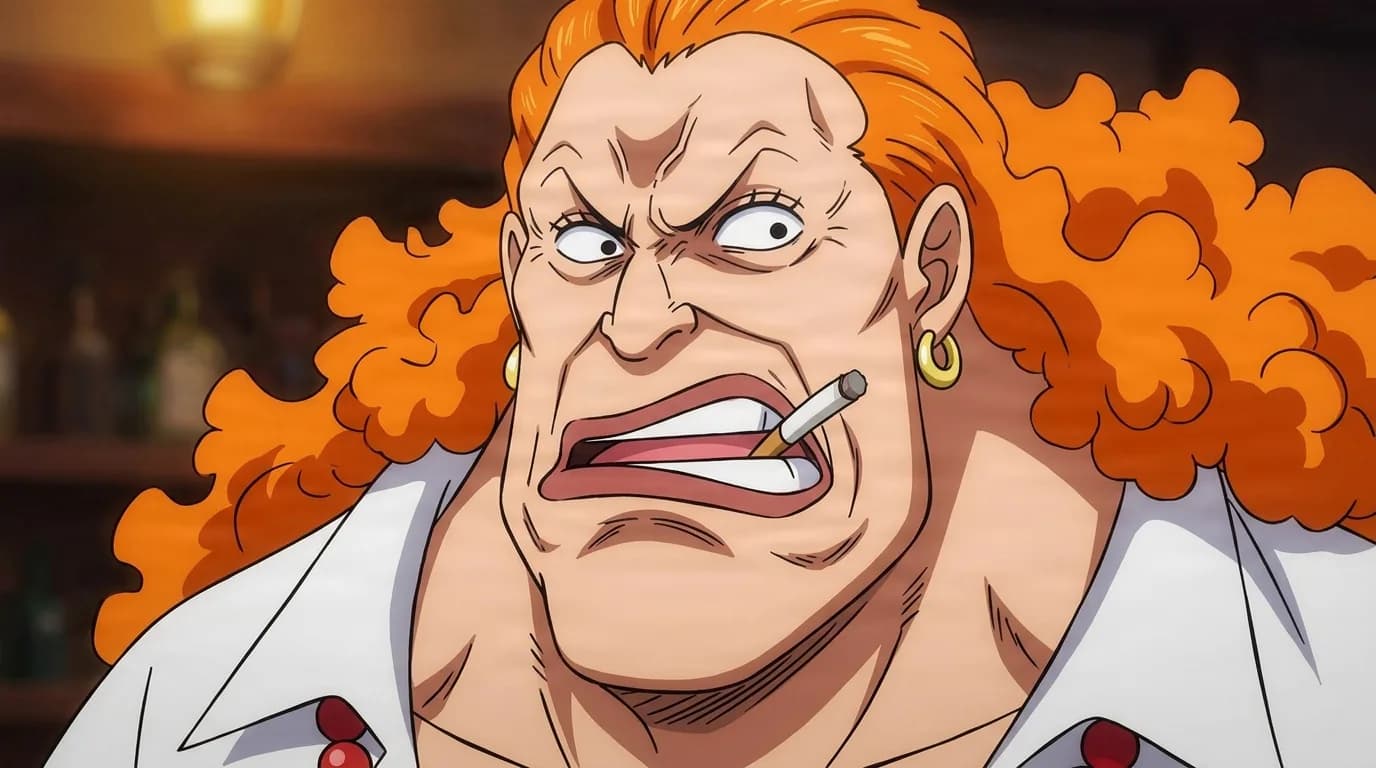 Curly Dadan from One Piece in a close-framed cel-shaded anime scene with a detailed environment