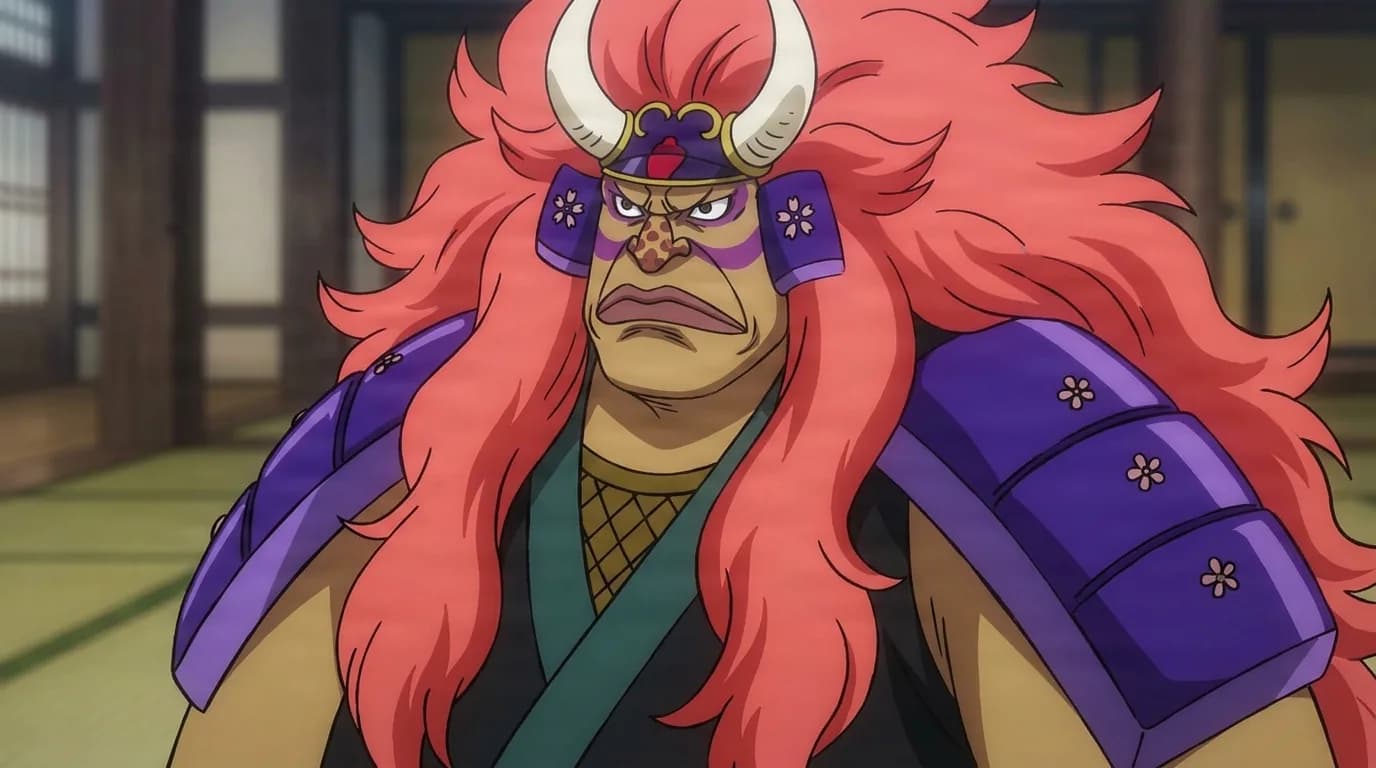 Daikoku from One Piece in a close-framed cel-shaded anime scene with a detailed environment