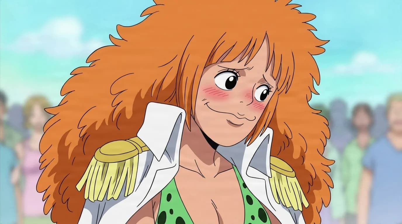 Daisy from One Piece in a close-framed cel-shaded anime scene with a detailed environment