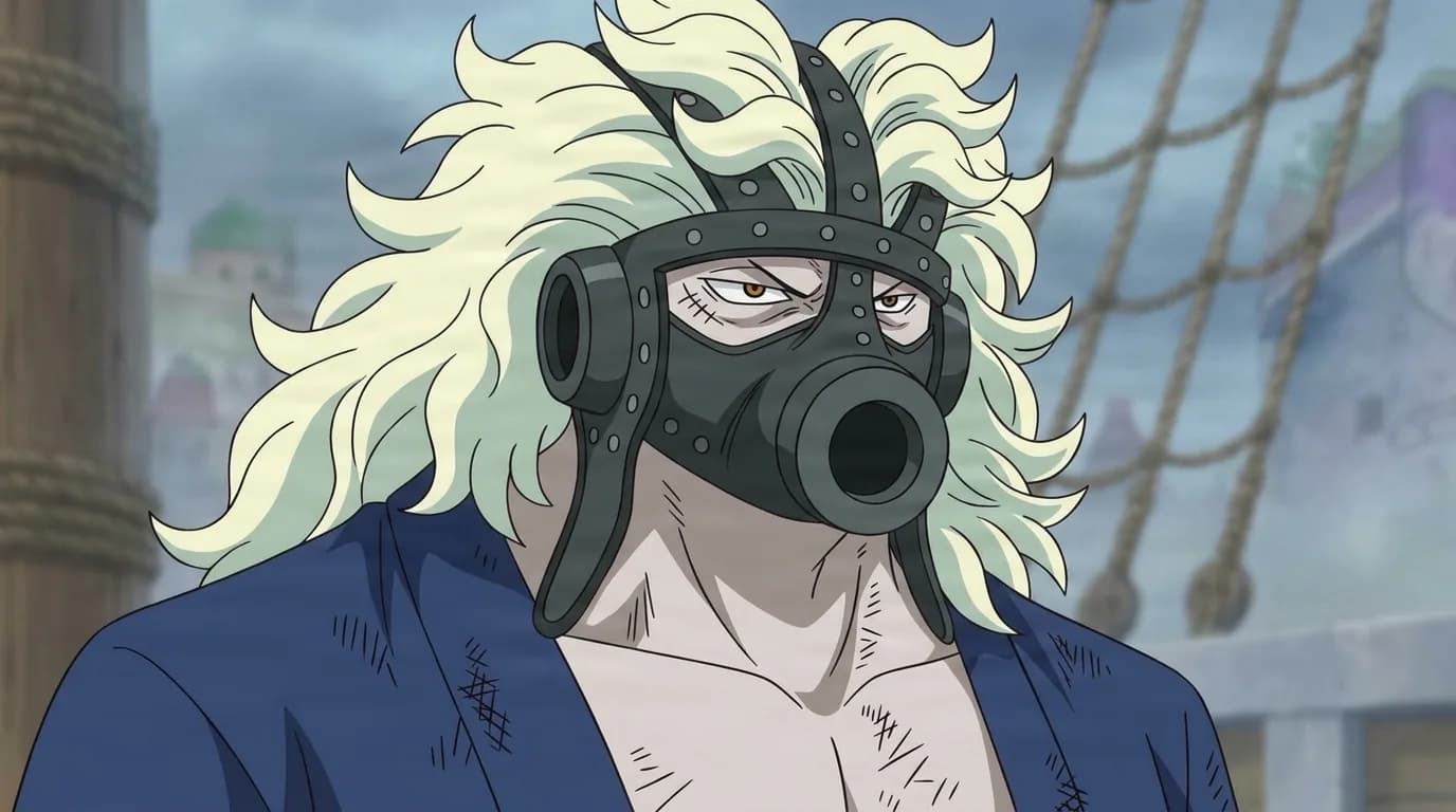 Damask from One Piece in a close-framed cel-shaded anime scene with a detailed environment