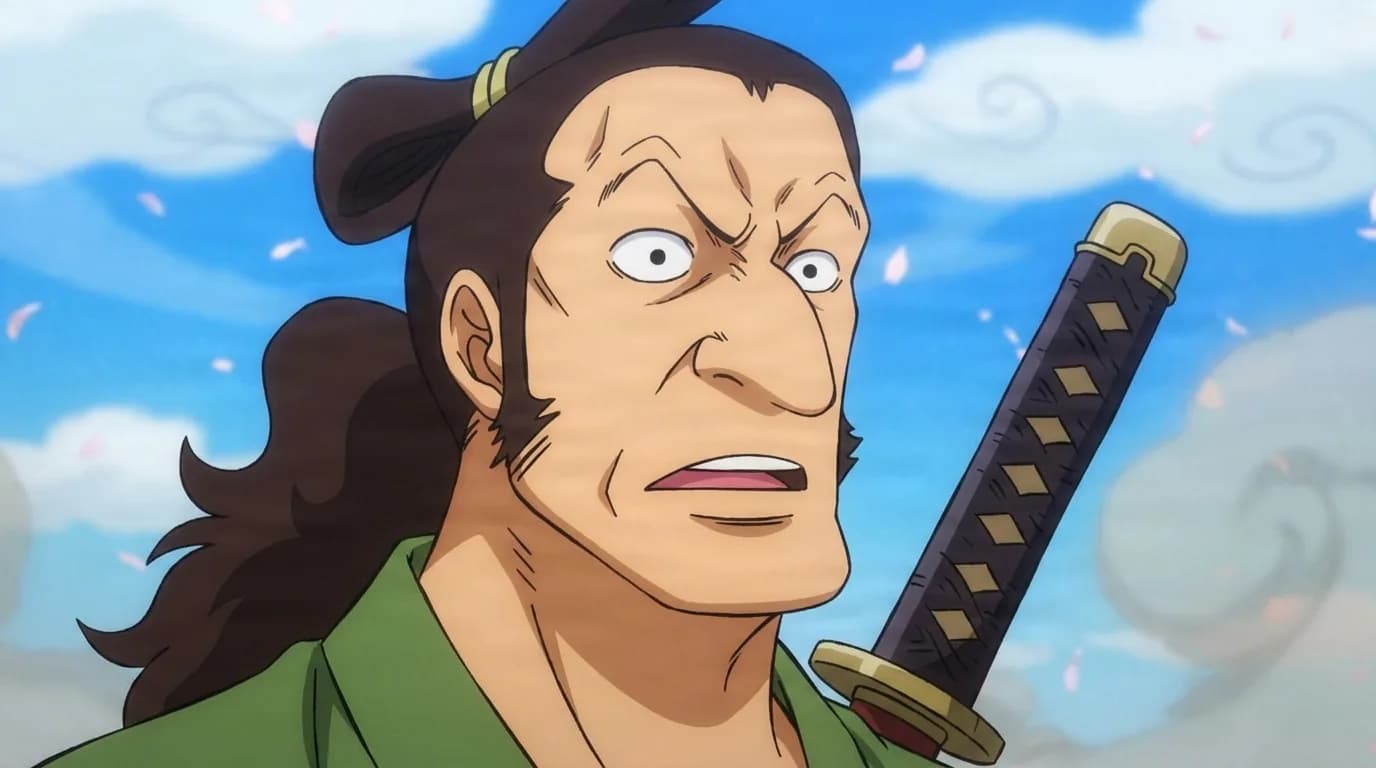 Dashiteyaro de One Piece en una escena de anime de encuadre cerrado con sombreado cel y un entorno detallado.