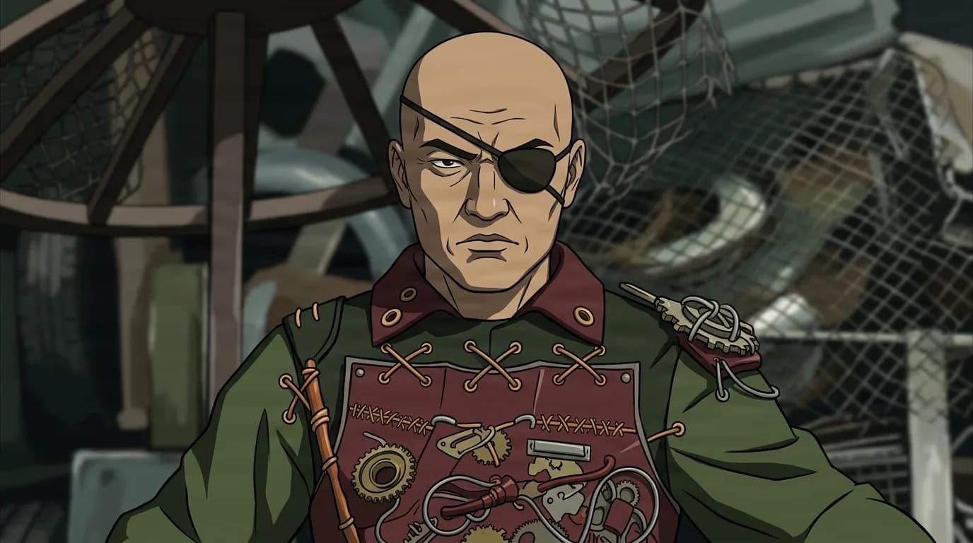 Deacon from One Piece in a close-framed cel-shaded anime scene with a detailed environment