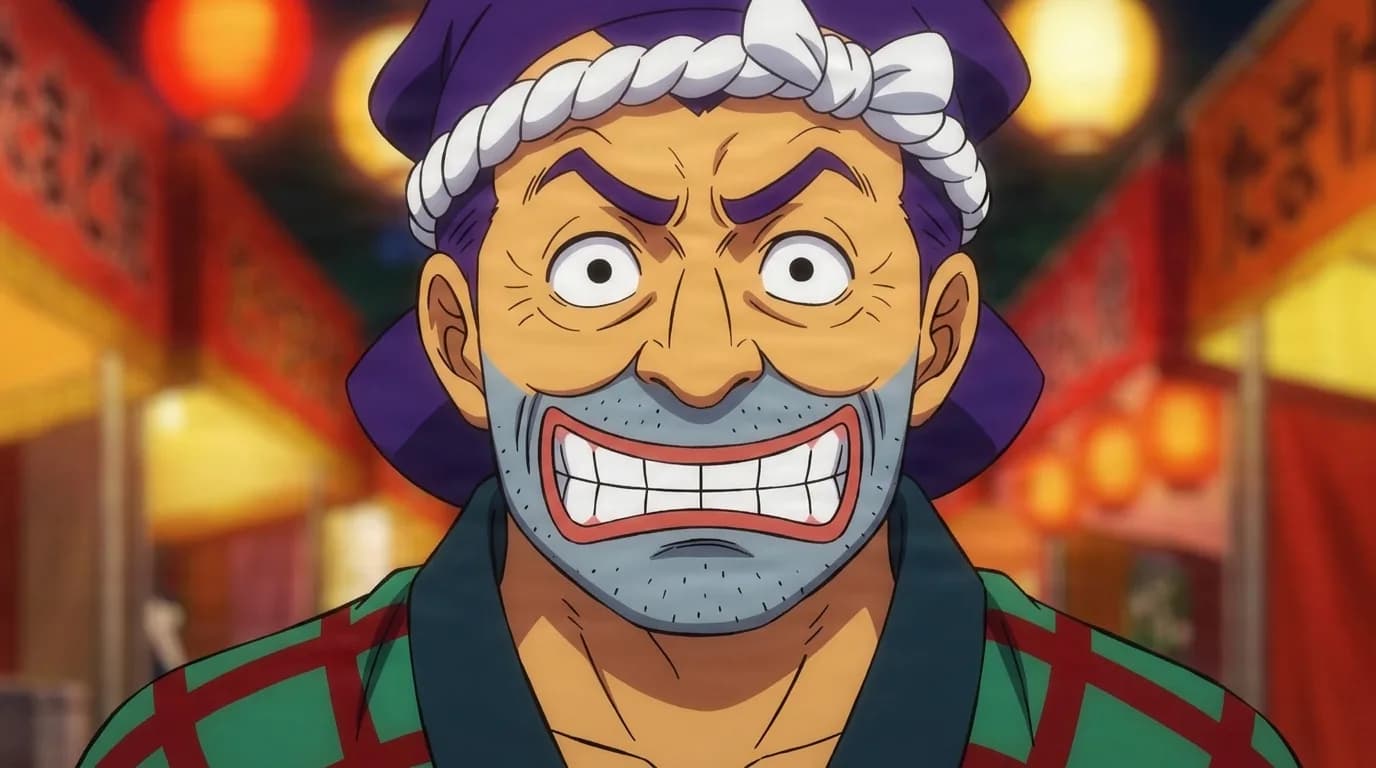Deigoro de One Piece en una escena de anime de encuadre cerrado con sombreado cel y un entorno detallado.