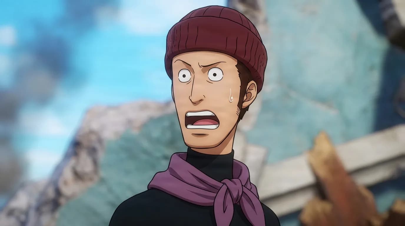 Dejide from One Piece in a close-framed cel-shaded anime scene with a detailed environment