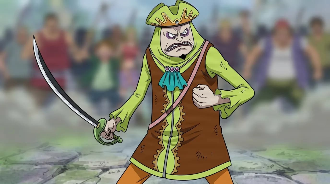 Delacuaji from One Piece in a close-framed cel-shaded anime scene with a detailed environment