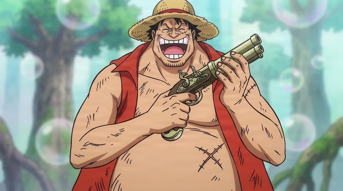 Demalo Black from One Piece in a close-framed cel-shaded anime scene with a detailed environment