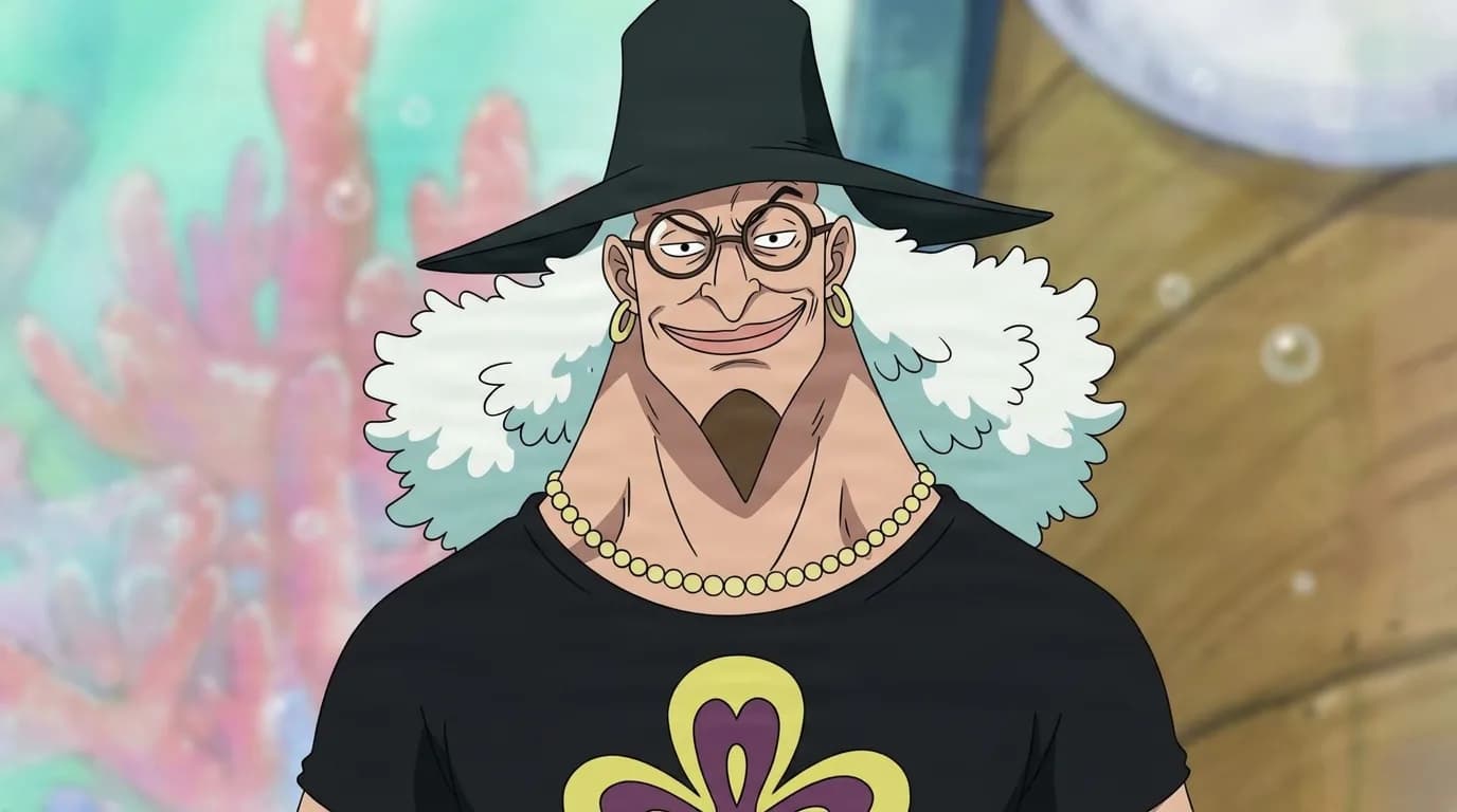Den from One Piece in a close-framed cel-shaded anime scene with a detailed environment