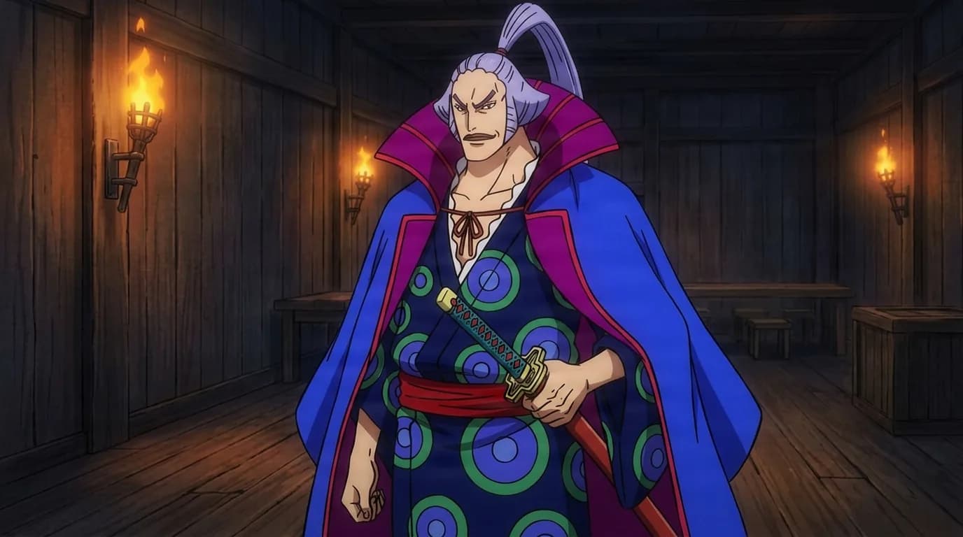 A sharp-eyed man with slicked back lavender hair in a topknot and a thin mustache wears a blue kimono patterned with green and blue rings under a purple collared cloak, gripping his sheathed sword in a torchlit wooden hall