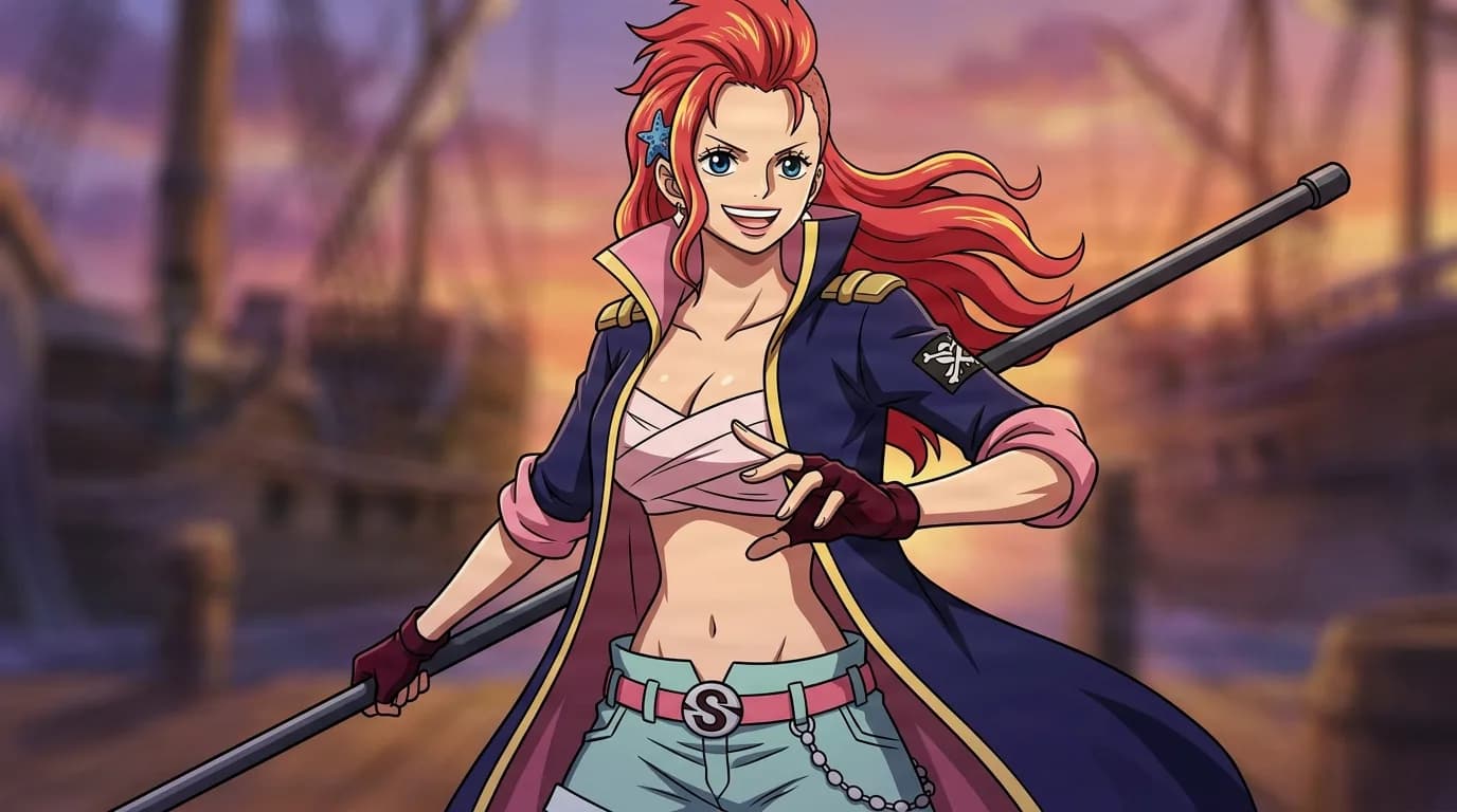 Desire from One Piece in a close-framed cel-shaded anime scene with a detailed environment