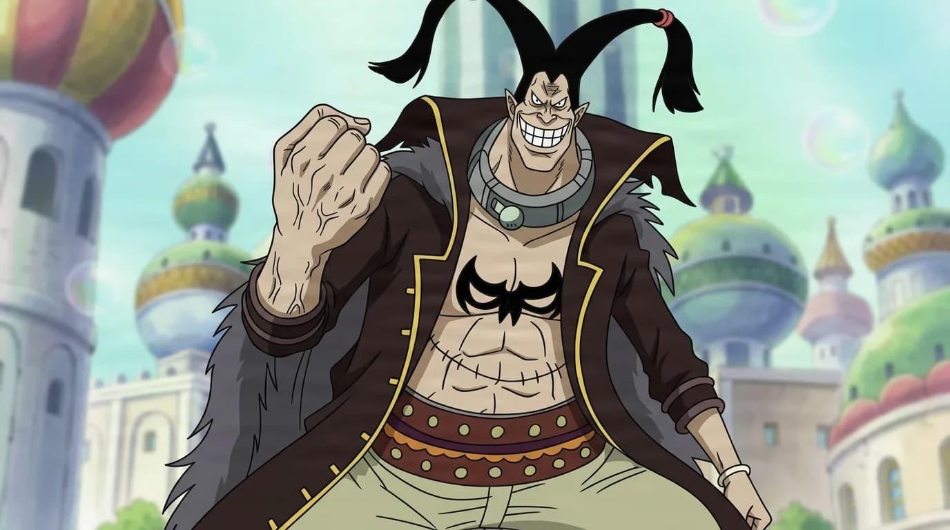 Devil Dias from One Piece in a close-framed cel-shaded anime scene with a detailed environment