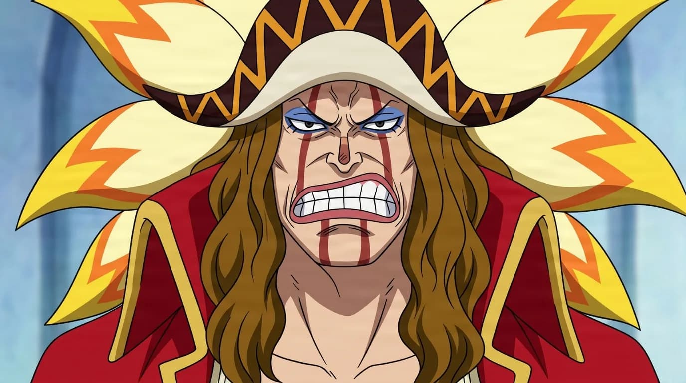 Diamante from One Piece in a close-framed cel-shaded anime scene with a detailed environment