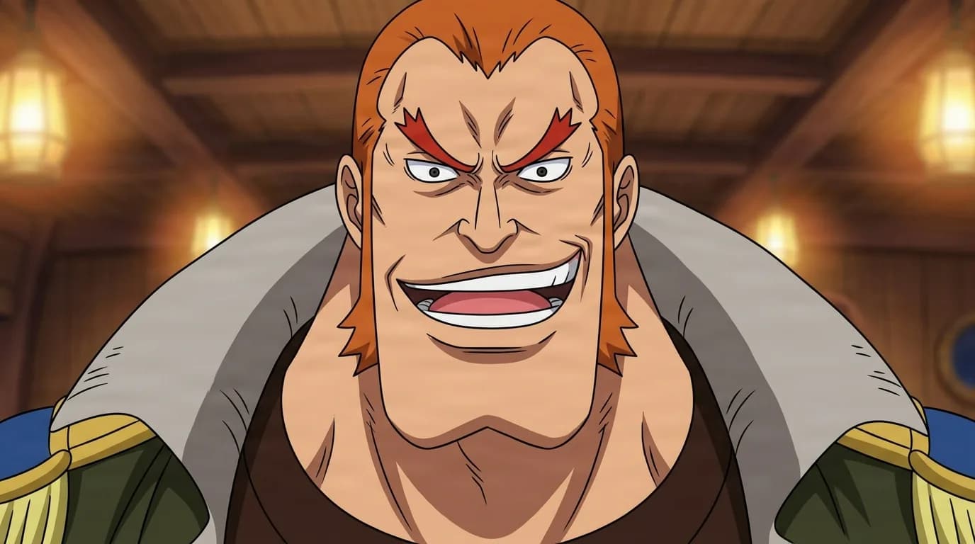 Diez Barrels from One Piece in a close-framed cel-shaded anime scene with a detailed environment