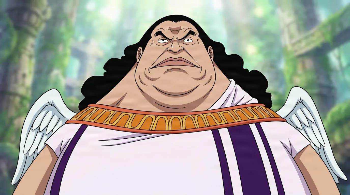 『ONE PIECE』のキャラクター、神兵。細部まで描き込まれた背景を伴う、クローズアップのセル画調アニメシーンとして描かれている。