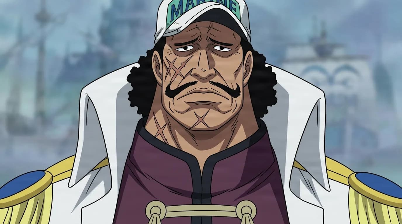 Doberman from One Piece in a close-framed cel-shaded anime scene with a detailed environment