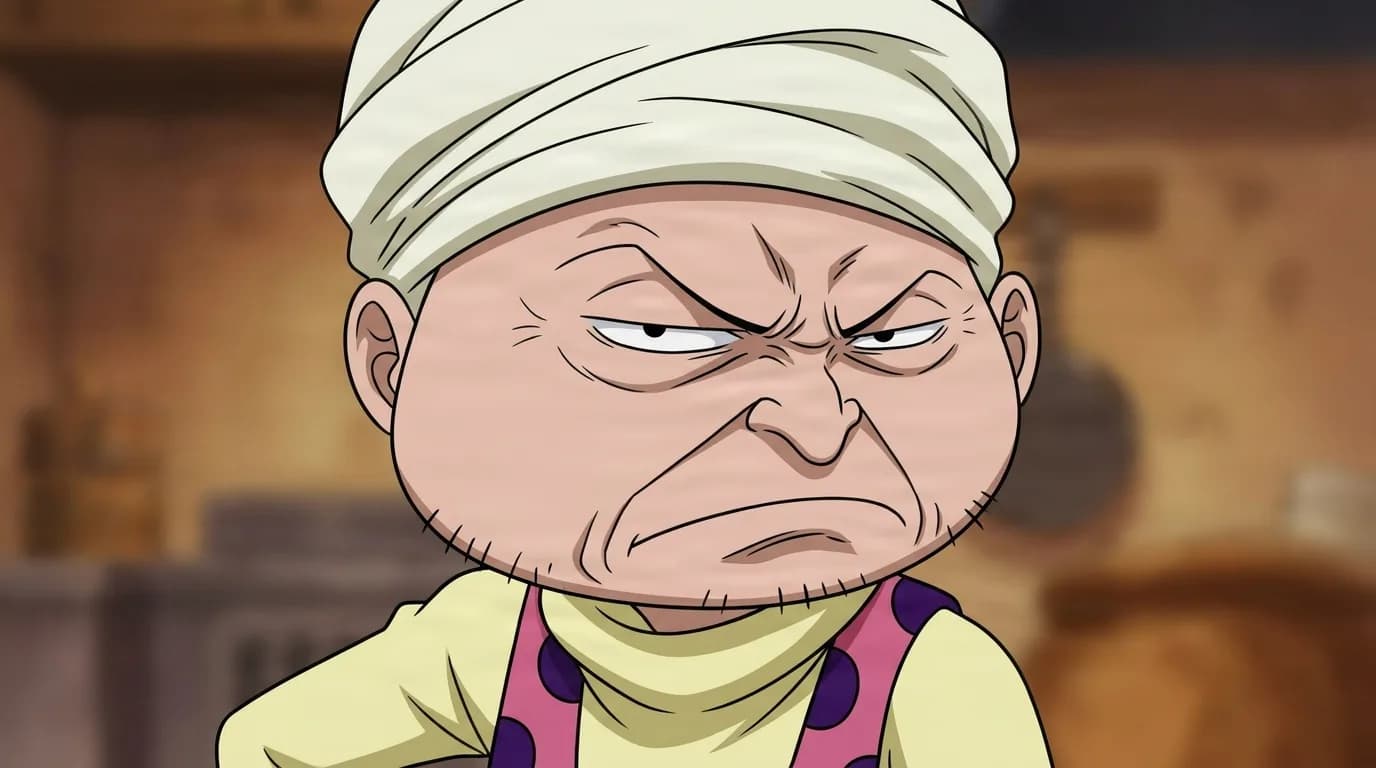Dogra from One Piece in a close-framed cel-shaded anime scene with a detailed environment
