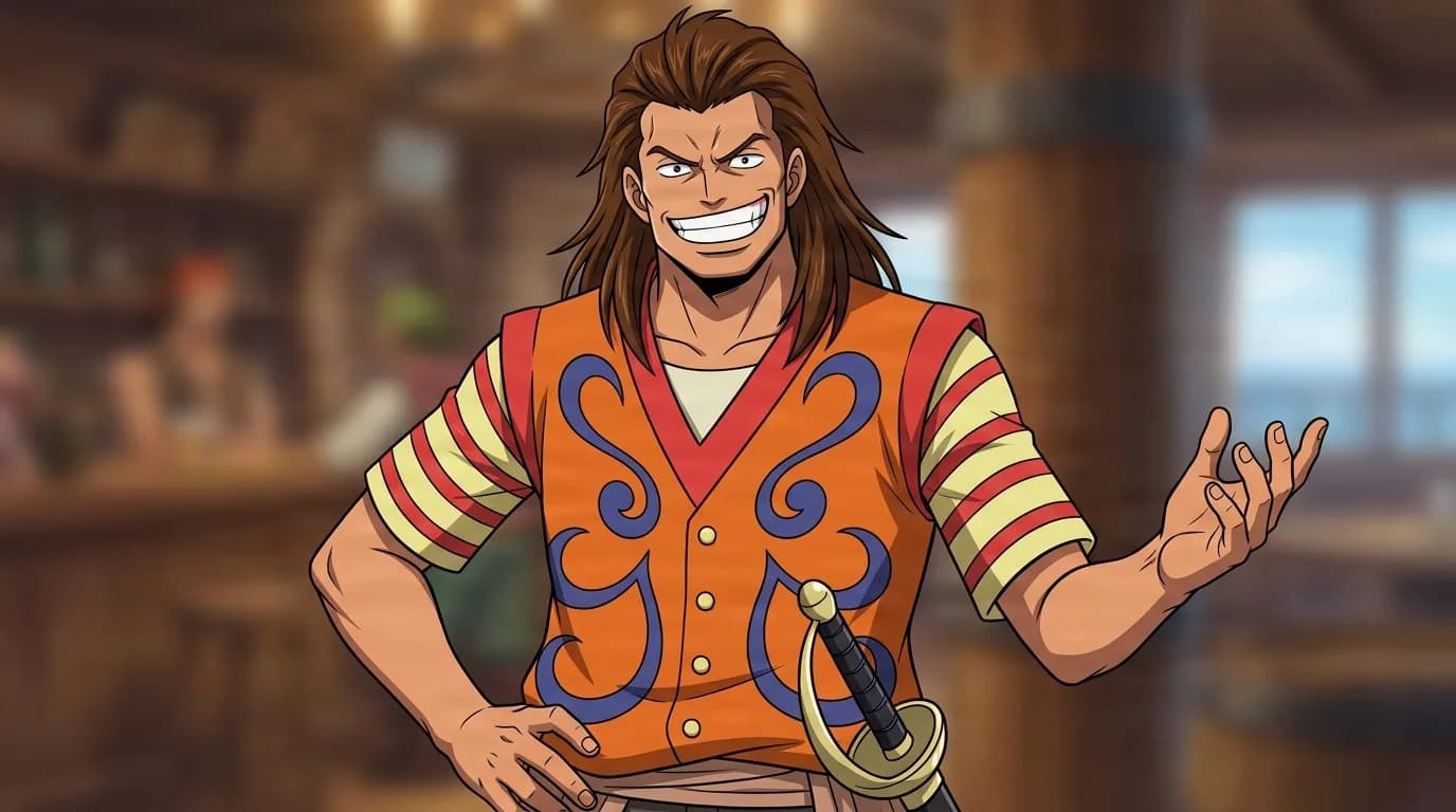 『ONE PIECE』のキャラクター、ドナイ。細部まで描き込まれた背景を伴う、クローズアップのセル画調アニメシーンとして描かれている。