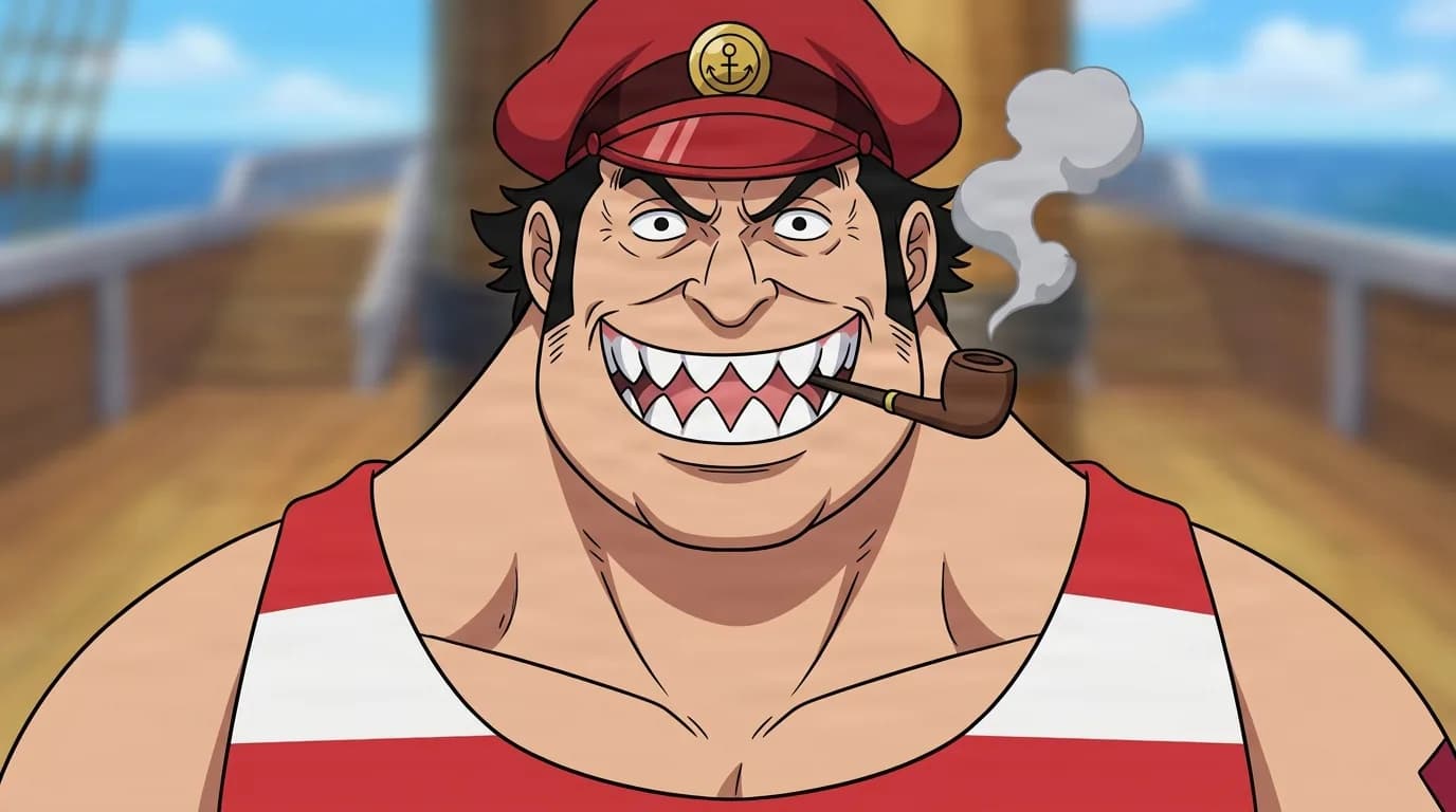 Donquino from One Piece in a close-framed cel-shaded anime scene with a detailed environment