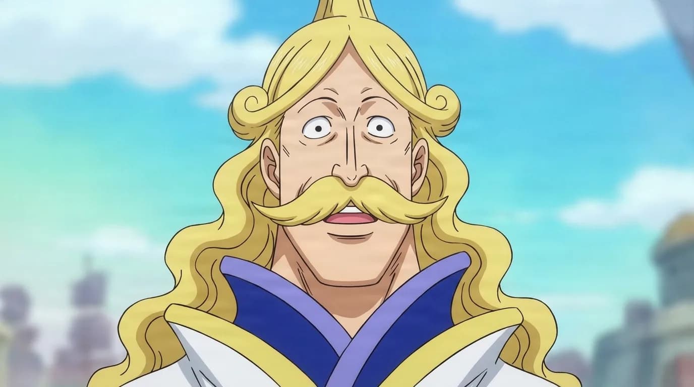 Donquixote Homing from One Piece in a close-framed cel-shaded anime scene with a detailed environment