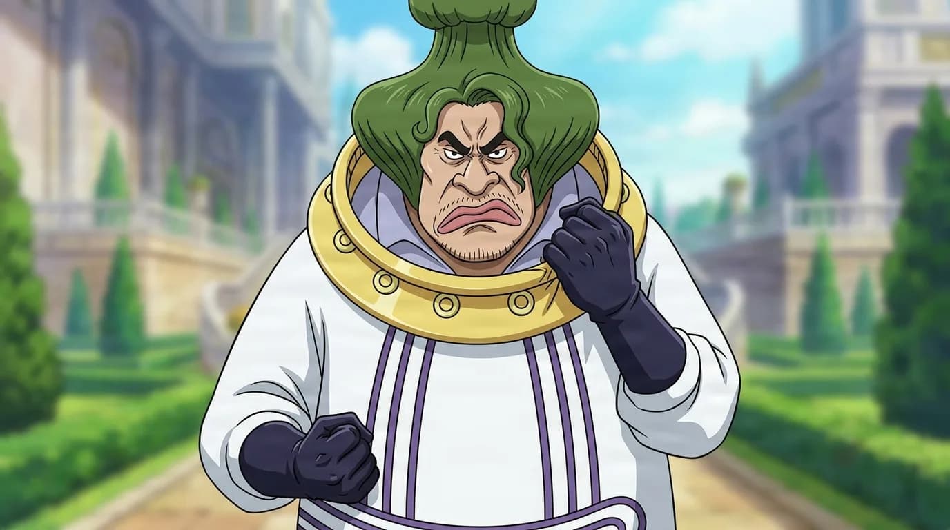 Donquixote Mjosgard from One Piece in a close-framed cel-shaded anime scene with a detailed environment