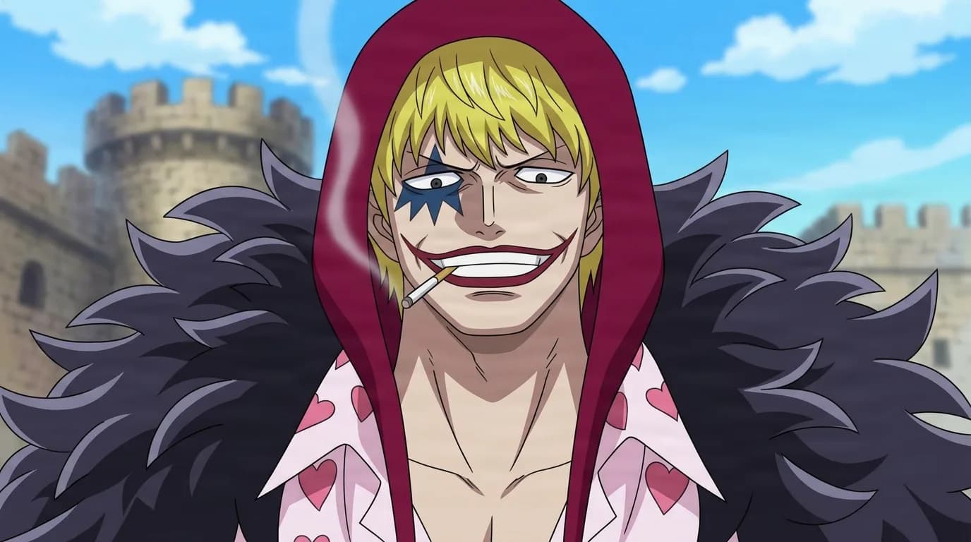 Donquixote Rosinante from One Piece in a close-framed cel-shaded anime scene with a detailed environment