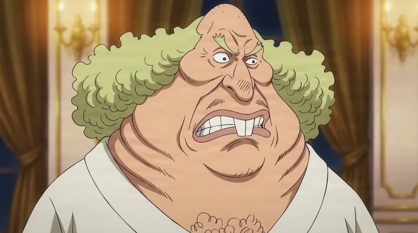 Donquixote Shivercalero de One Piece dans une scène animée en cel-shading, cadrée en plan serré, avec un environnement détaillé