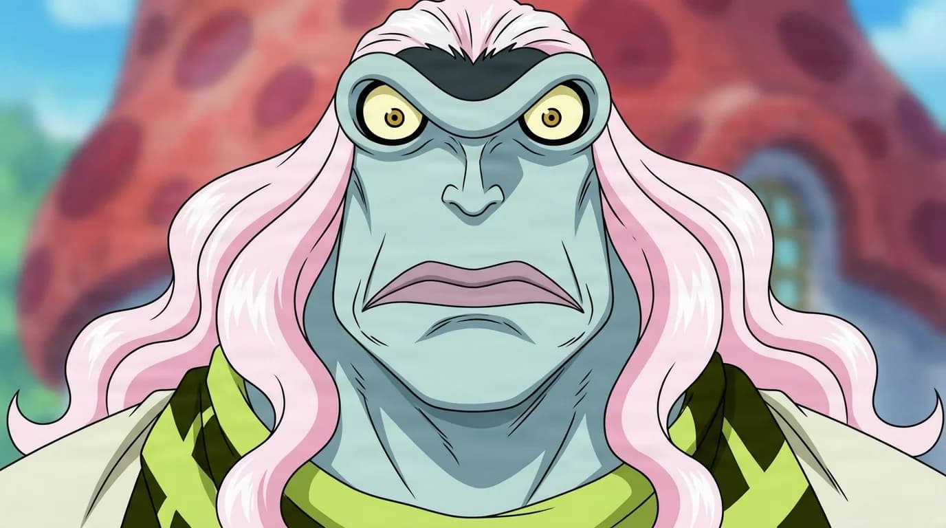 Dosun from One Piece in a close-framed cel-shaded anime scene with a detailed environment