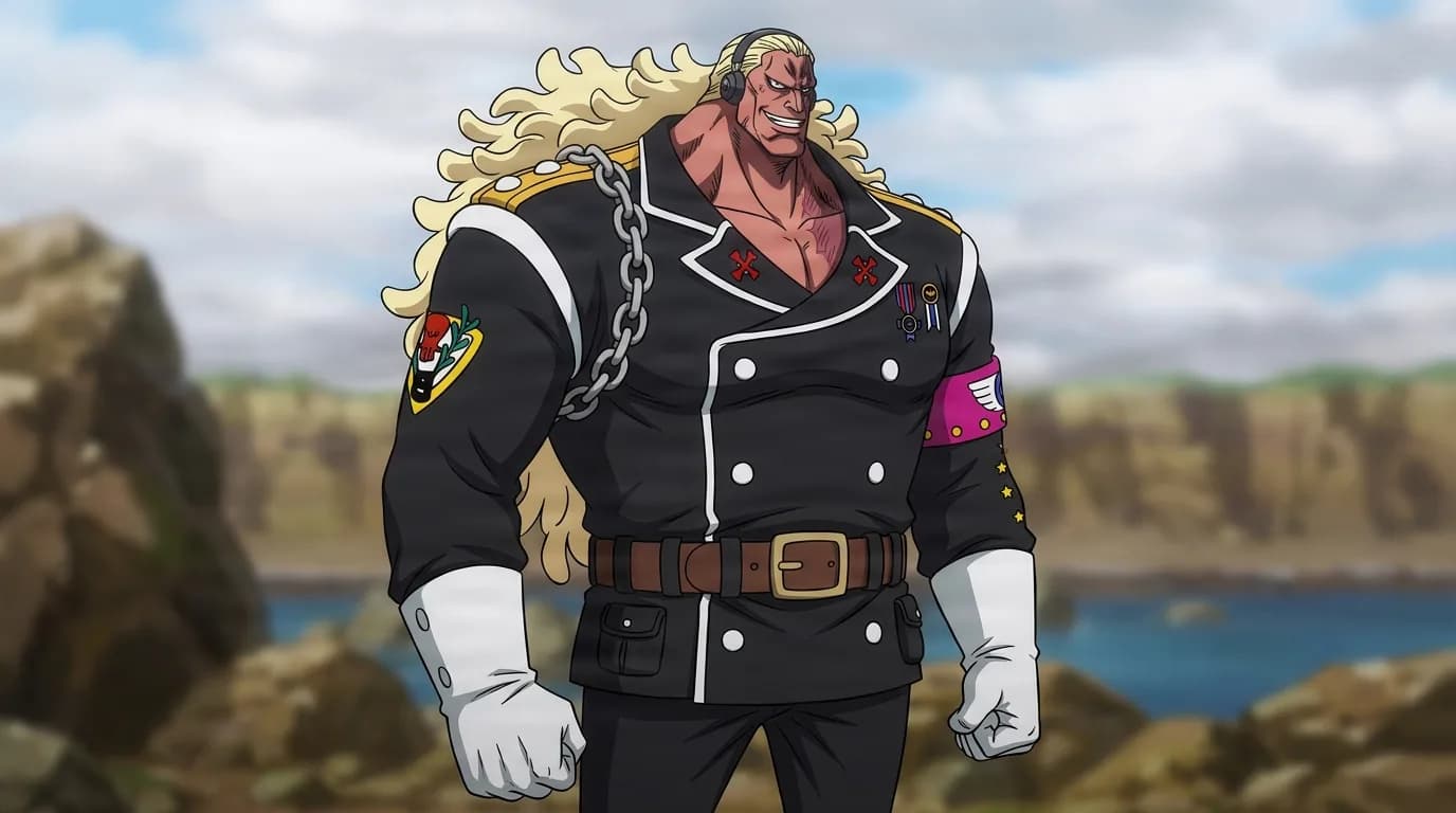 Douglas Bullet from One Piece in a close-framed cel-shaded anime scene with a detailed environment