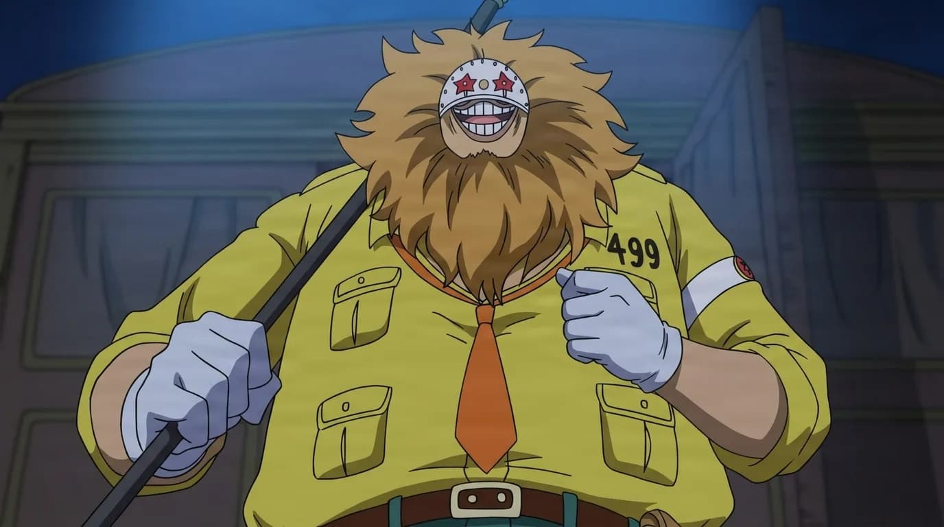Drug Peclo de One Piece dans une scène animée en cel-shading, cadrée en plan serré, avec un environnement détaillé