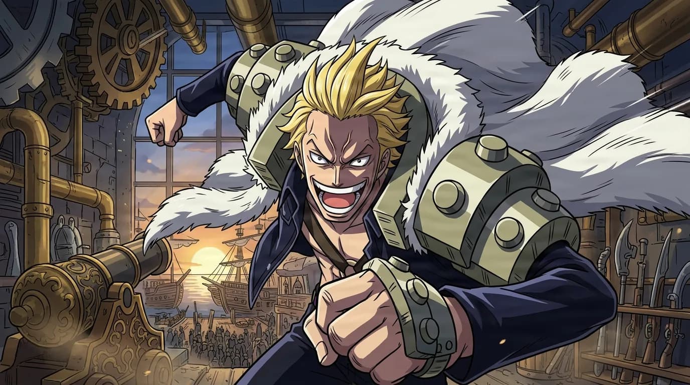 Duval from One Piece in a close-framed cel-shaded anime scene with a detailed environment