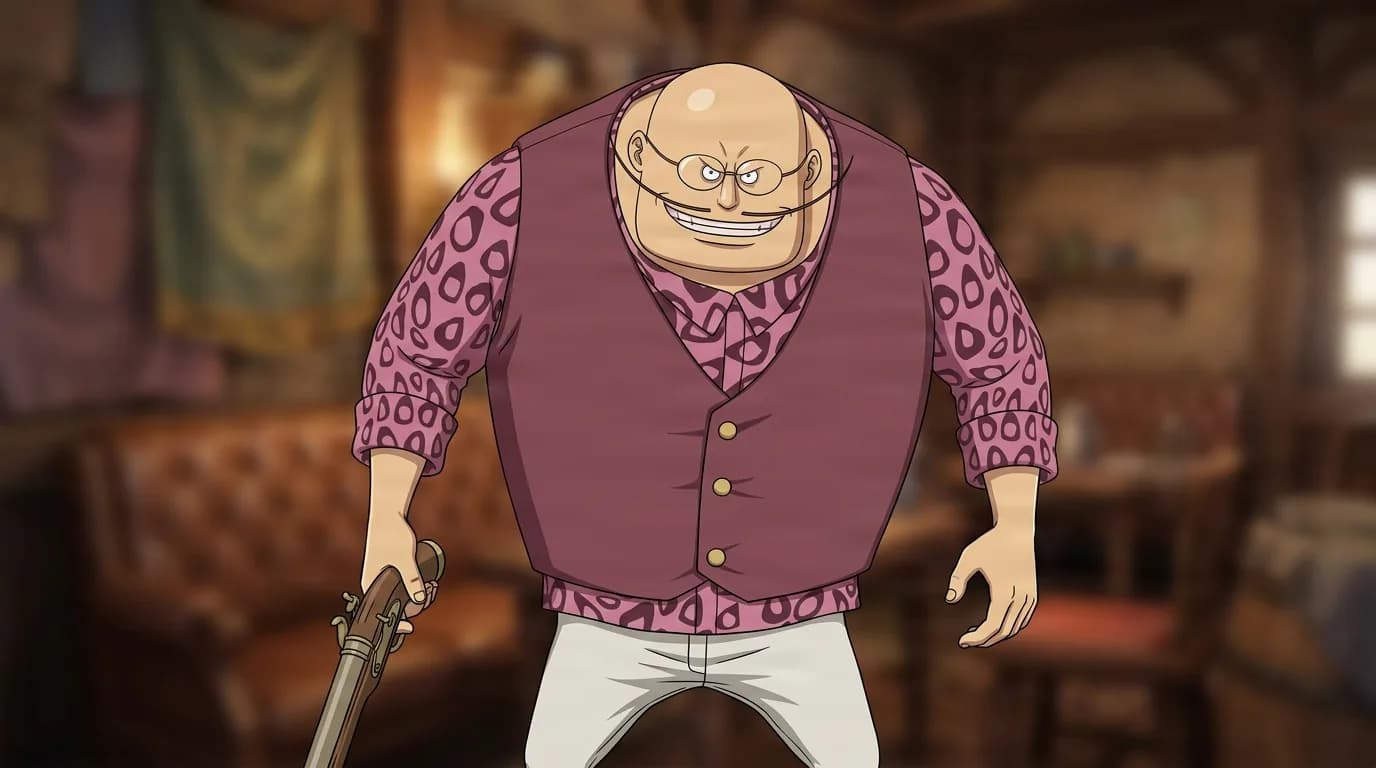 Dwanger from One Piece in a close-framed cel-shaded anime scene with a detailed environment