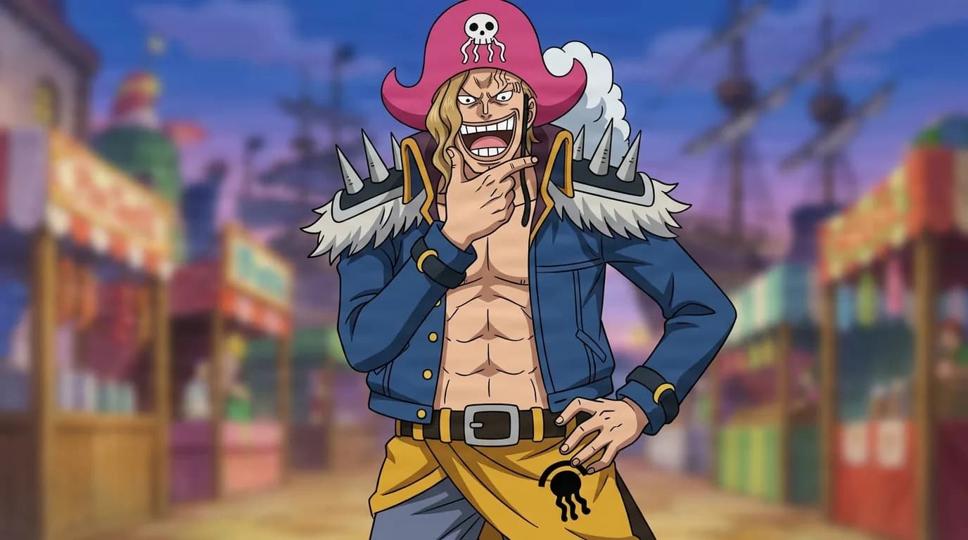 Eboshi from One Piece in a close-framed cel-shaded anime scene with a detailed environment