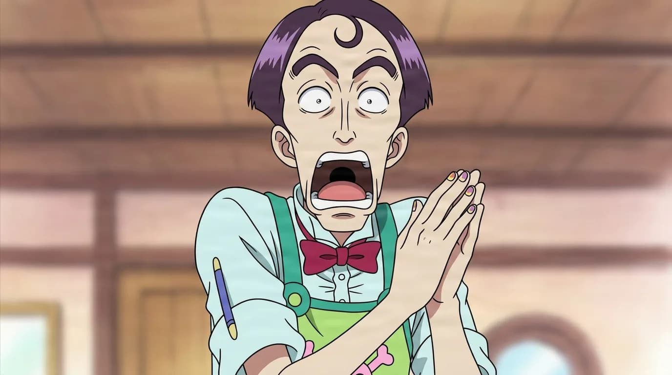『ONE PIECE』のキャラクター、エド。細部まで描き込まれた背景を伴う、クローズアップのセル画調アニメシーンとして描かれている。
