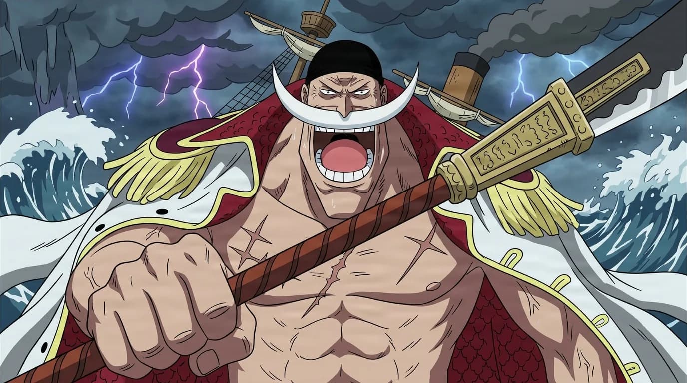 Huge muscular old pirate with a white crescent mustache roars while gripping a long gold-hilted polearm across his scarred bare chest, stormy waves and purple lightning behind him.