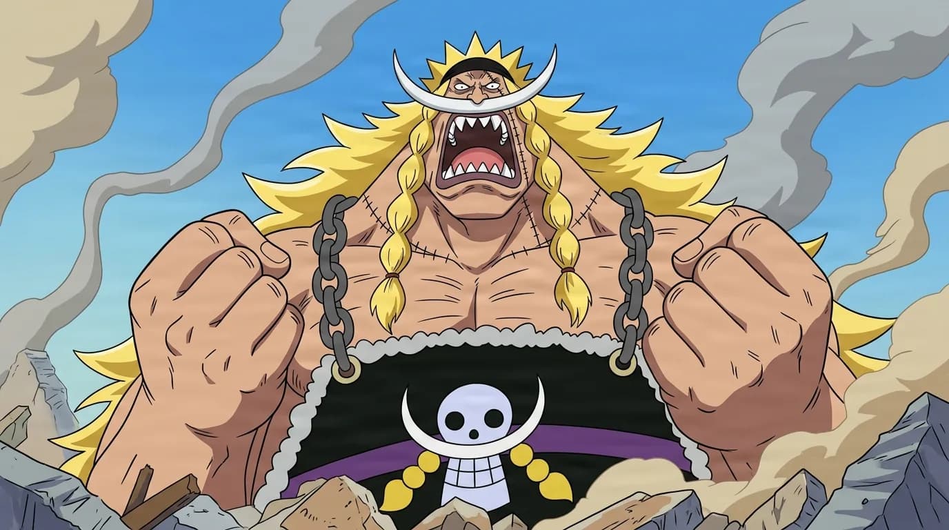 Huge muscular blond man with a crescent helmet and stitched scars roars with both fists clenched on a smoky rocky battlefield, a white skull emblem on his black garment below his bare chest.