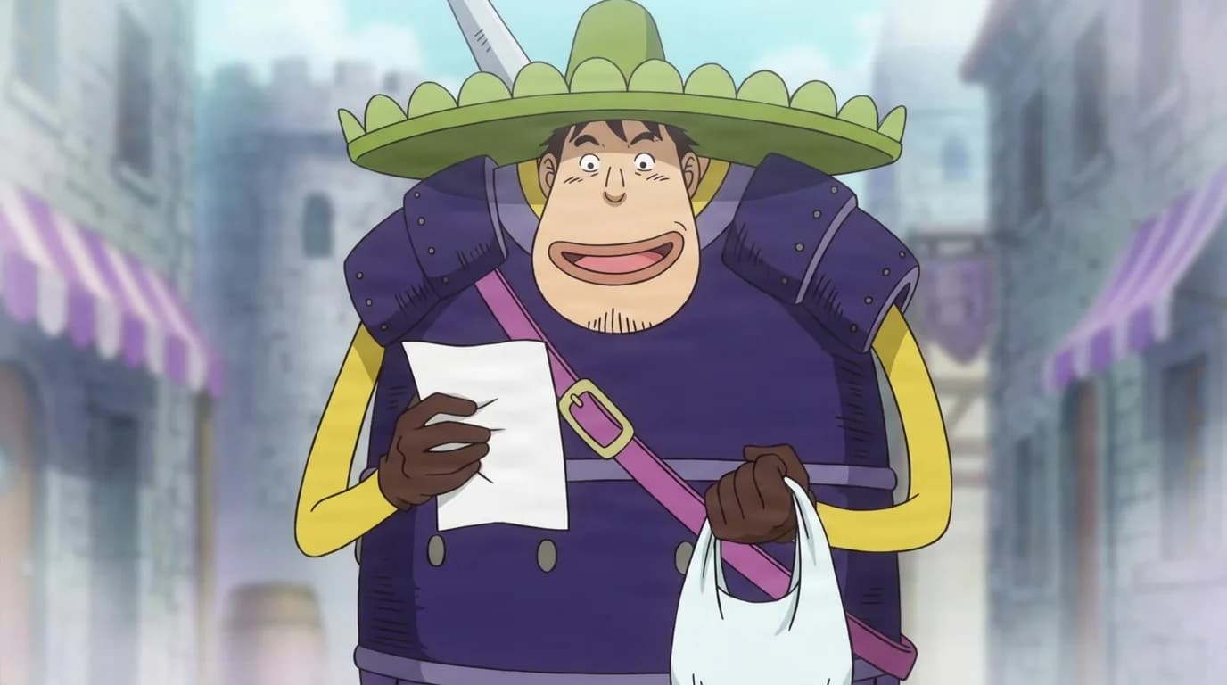 Eggplant Soldier from One Piece in a close-framed cel-shaded anime scene with a detailed environment
