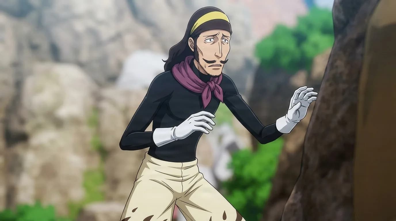 Ekie from One Piece in a close-framed cel-shaded anime scene with a detailed environment