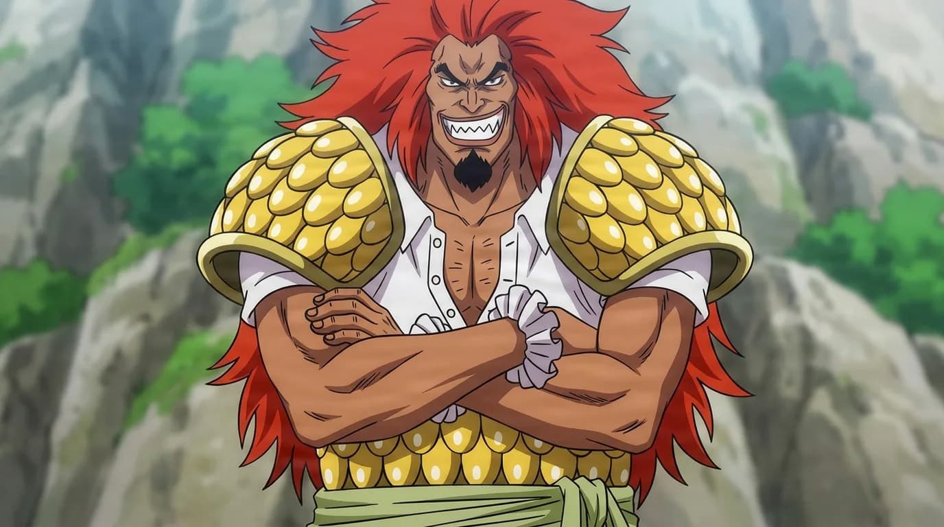 Eldoraggo from One Piece in a close-framed cel-shaded anime scene with a detailed environment
