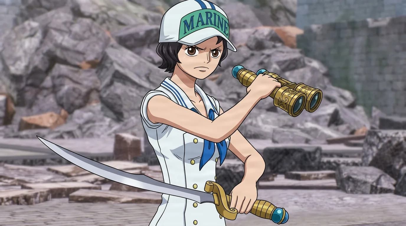 Eliza from One Piece in a close-framed cel-shaded anime scene with a detailed environment