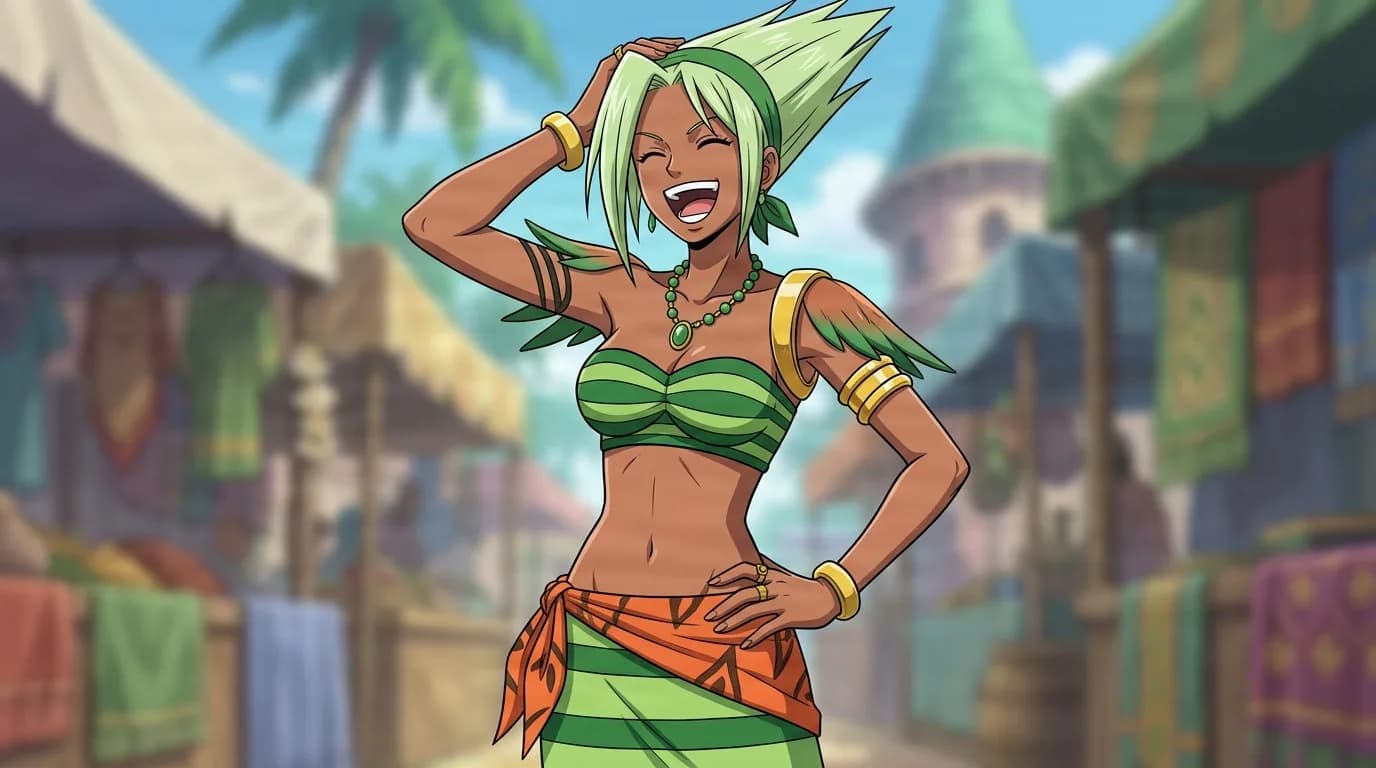Emeraude from One Piece in a close-framed cel-shaded anime scene with a detailed environment