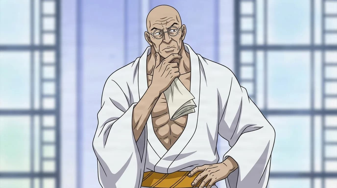 『ONE PIECE』のキャラクター、イーザンバロン・V・ナス寿郎聖。細部まで描き込まれた背景を伴う、クローズアップのセル画調アニメシーンとして描かれている。