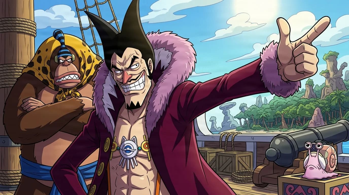 Foxy from One Piece in a close-framed cel-shaded anime scene with a detailed environment